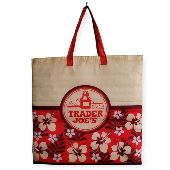 Trader Joes Y2K Vintage Aloha Tote Bag Cream Red Reusable Grocery Beach Bag - Picture 7 of 7